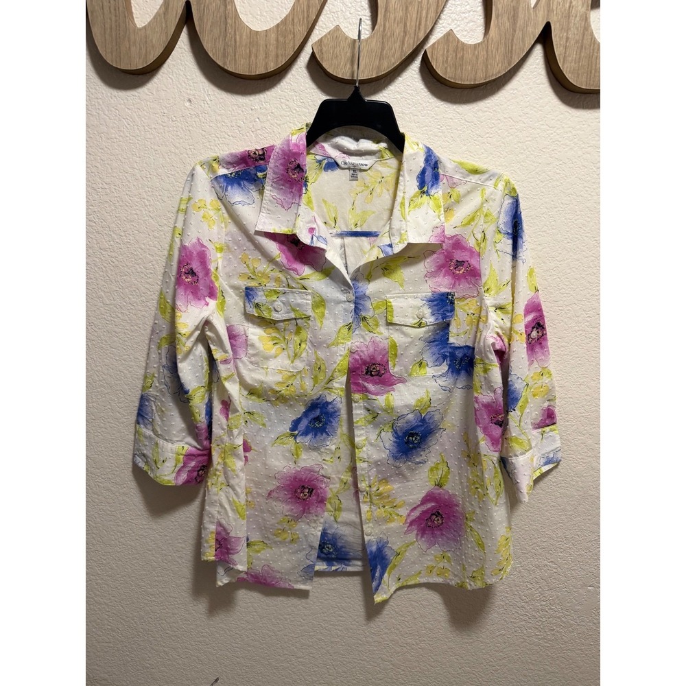 Croft & Barrow White Floral Collar Top Size XL